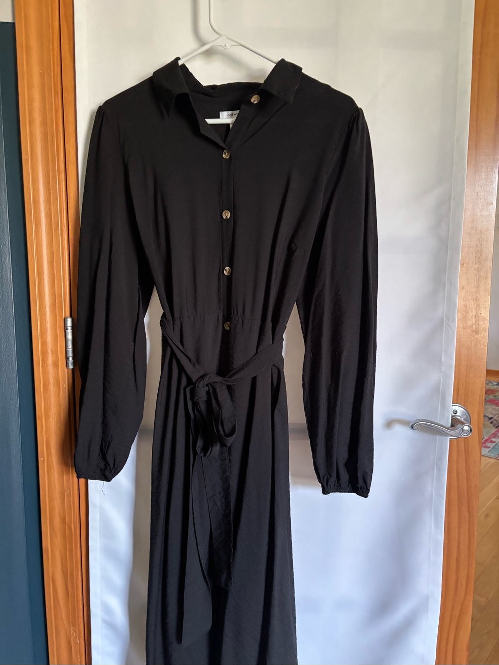 Nine West Black Long Sleeve Shirt Dress with Waist Tie